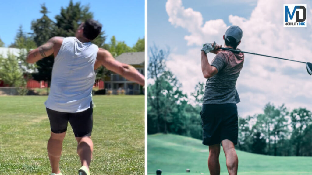 golfer and thrower pictured at the end of their throw/swing